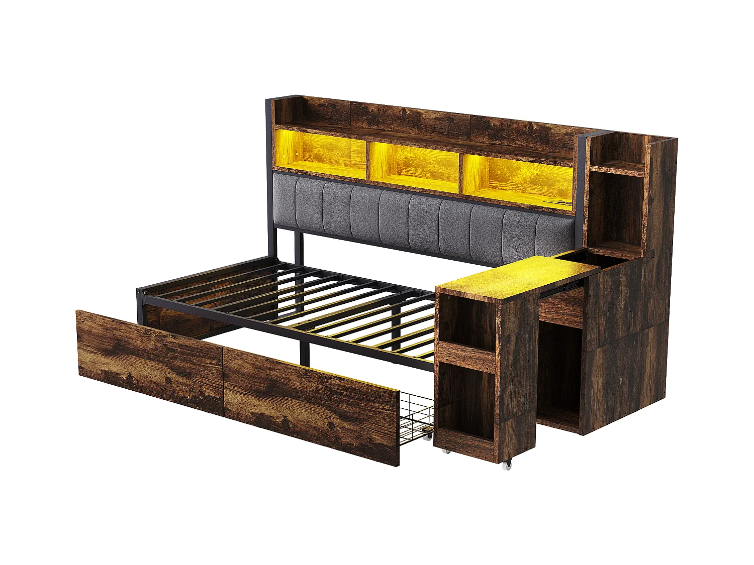 Canapé-lit 90x200 cm - avec éclairage LED et prises - avec 2 tiroirs - avec bureau coulissant - avec compartiments de rangement- naturel