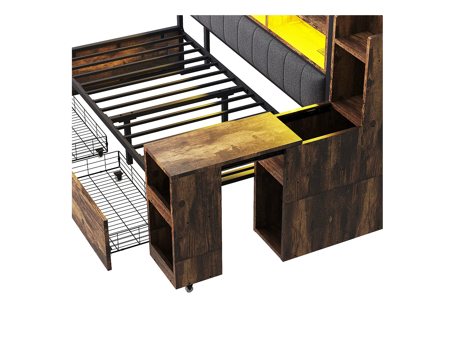 Canapé-lit 90x200 cm - avec éclairage LED et prises - avec 2 tiroirs - avec bureau coulissant - avec compartiments de rangement- naturel