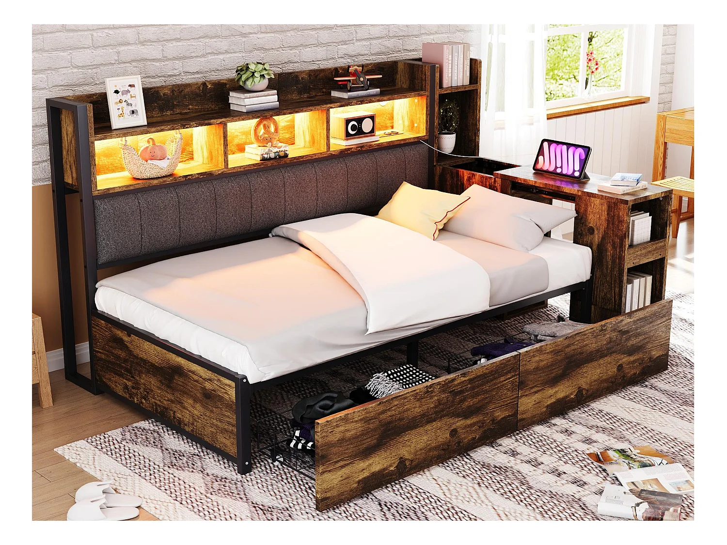 Divano letto 90x200 cm - con illuminazione LED e prese - con 2 cassetti - con scrivania scorrevole - con compartimenti di archiviazione - colore naturale