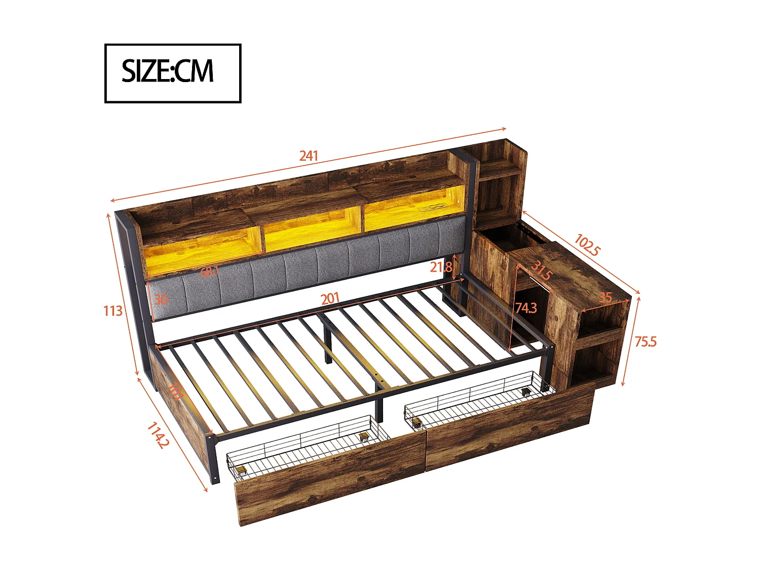 Canapé-lit 90x200 cm - avec éclairage LED et prises - avec 2 tiroirs - avec bureau coulissant - avec compartiments de rangement- naturel