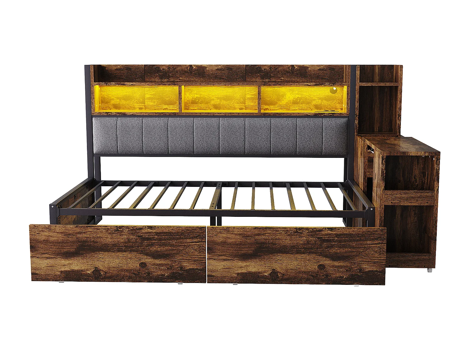 Canapé-lit 90x200 cm - avec éclairage LED et prises - avec 2 tiroirs - avec bureau coulissant - avec compartiments de rangement- naturel