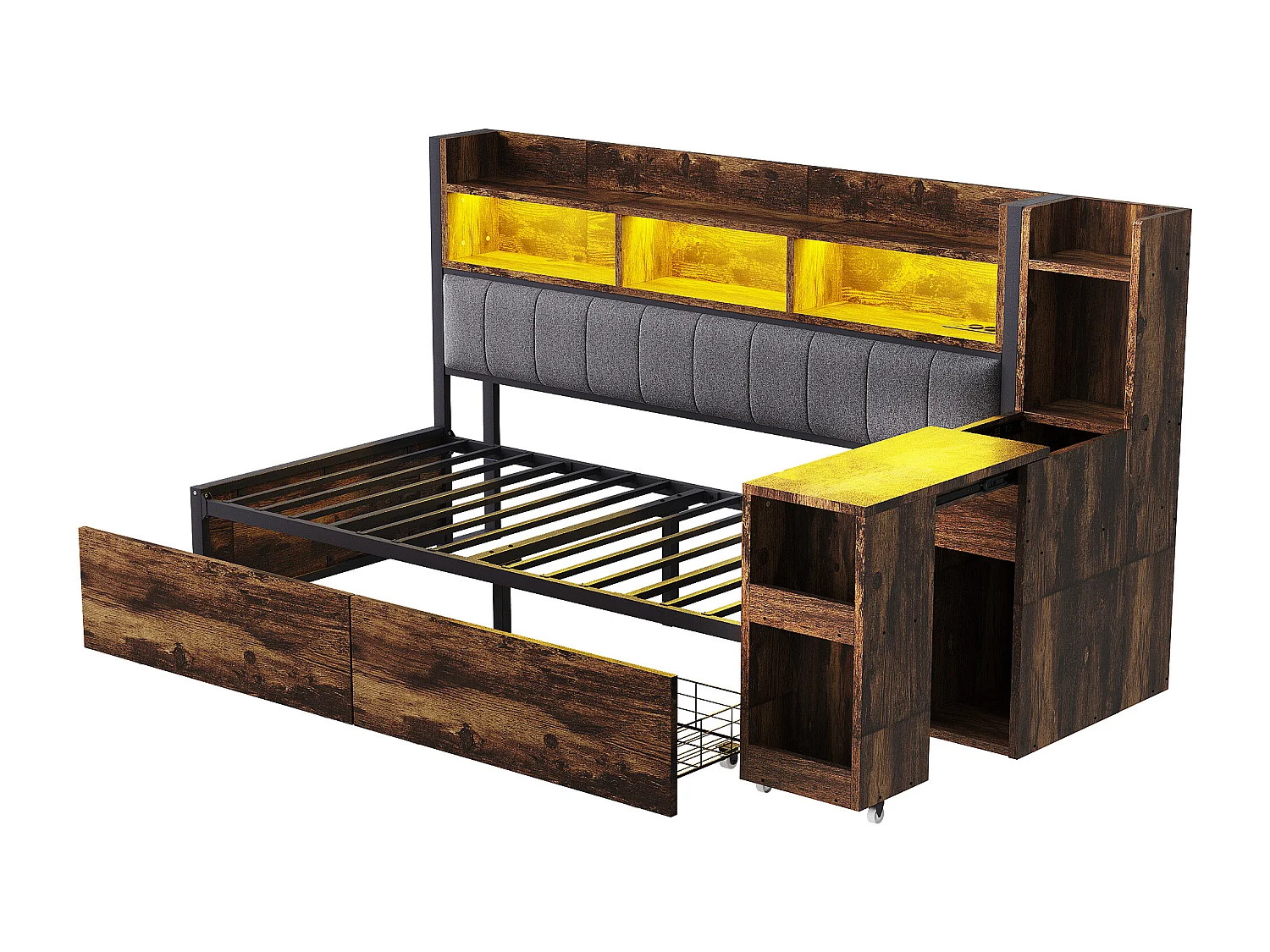 Canapé-lit 90x200 cm - avec éclairage LED et prises - avec 2 tiroirs - avec bureau coulissant - avec compartiments de rangement- naturel