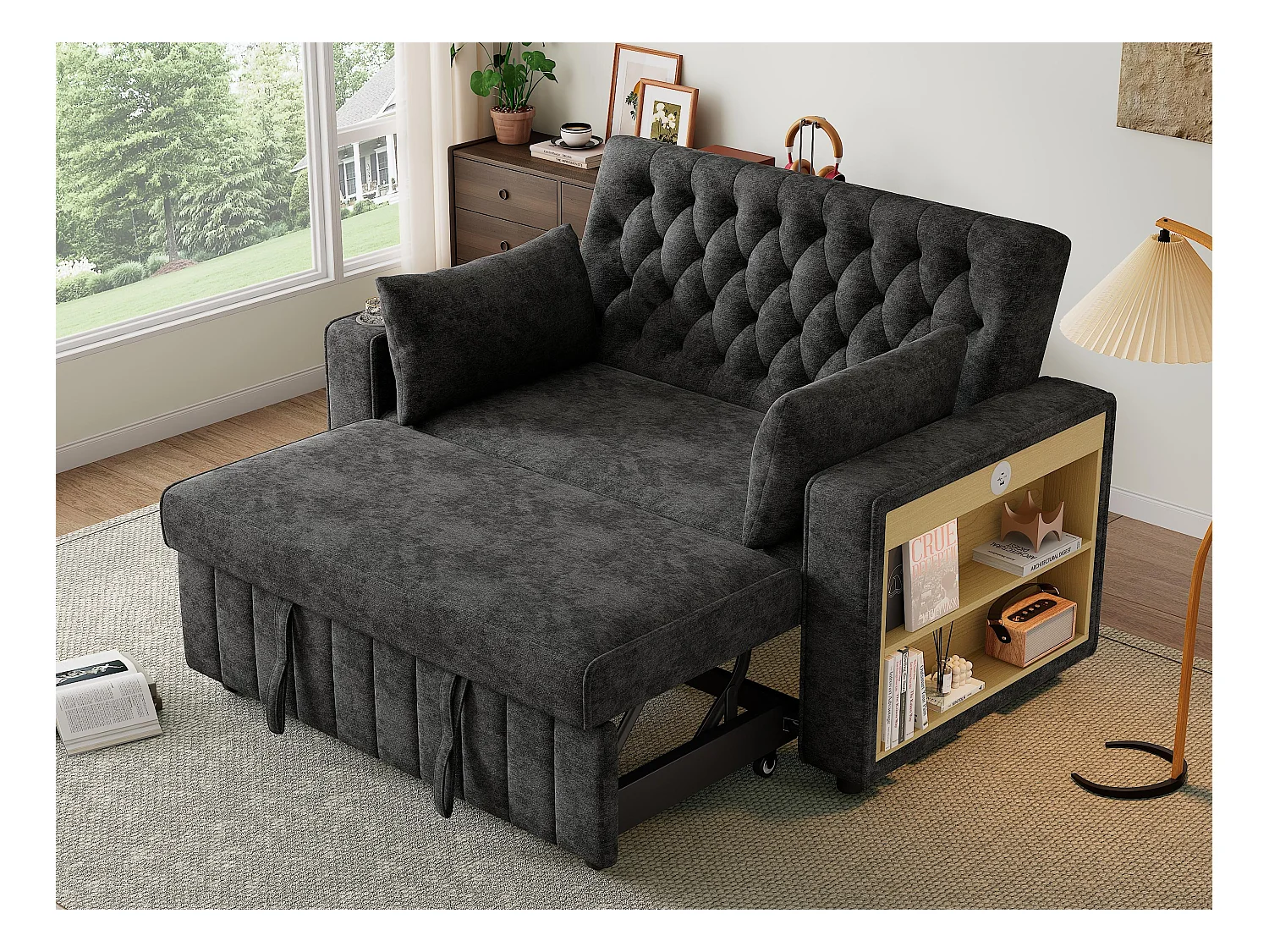 Canapé pliant moderne pour 2 personnes - avec porte-gobelets - avec ports de charge USB - avec coussins - tissu chenille - Gris