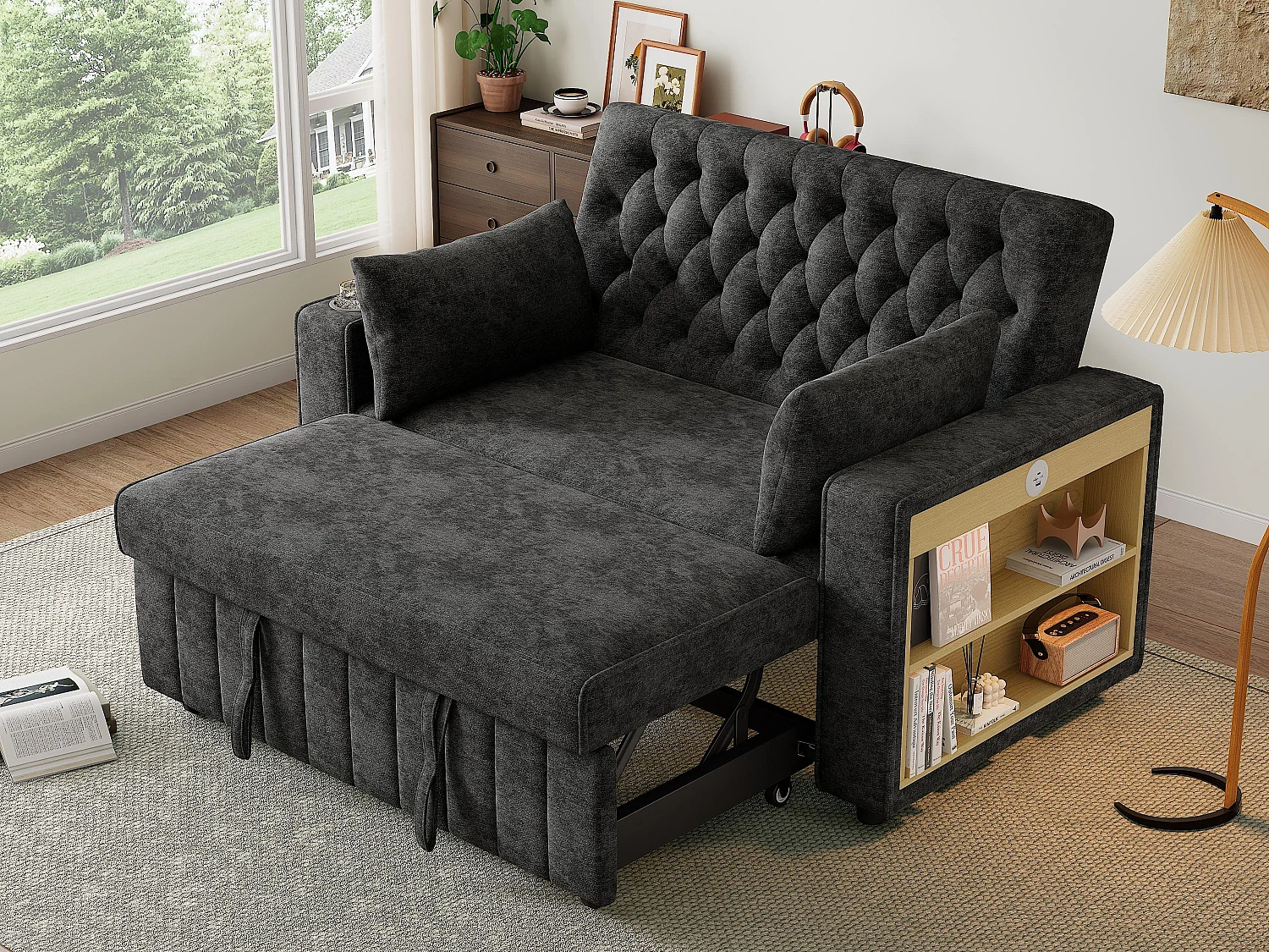 Moderne opklapbare bank voor 2 personen - met drinkhouders - met USB-oplaadpoorten - met kussens - chenille stof - Grijs