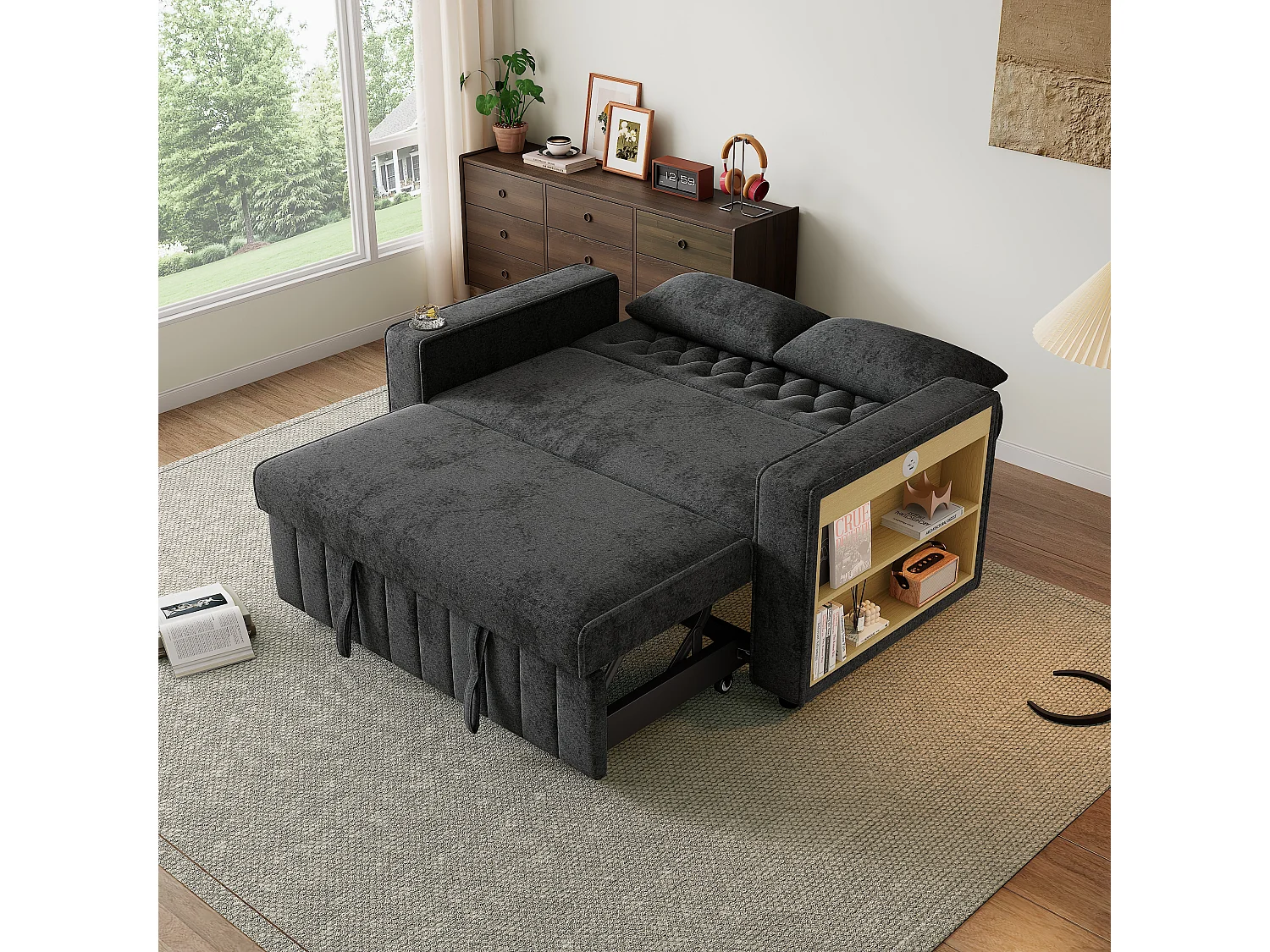 Moderne opklapbare bank voor 2 personen - met drinkhouders - met USB-oplaadpoorten - met kussens - chenille stof - Grijs