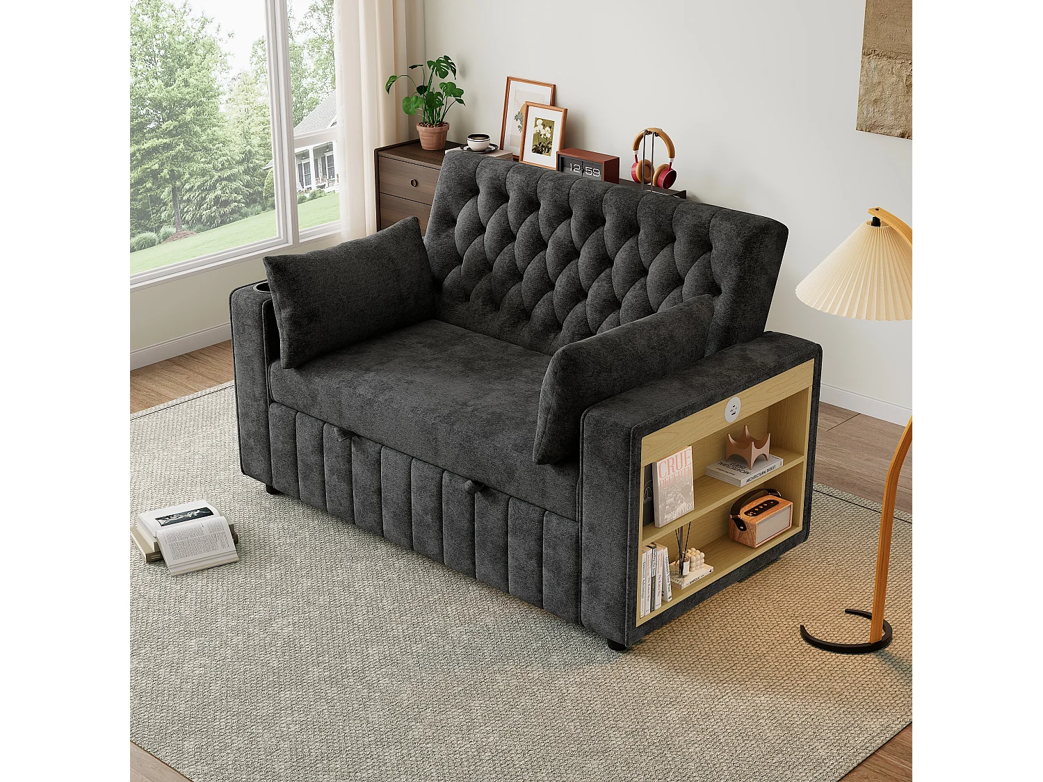 Moderne opklapbare bank voor 2 personen - met drinkhouders - met USB-oplaadpoorten - met kussens - chenille stof - Grijs