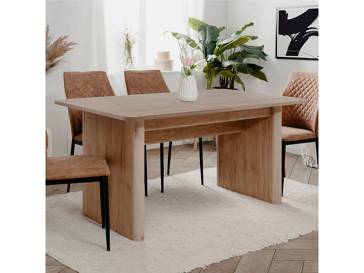 Mesa de jantar extensível de 160 a 200 cm com acabamento em carvalho e travertino.