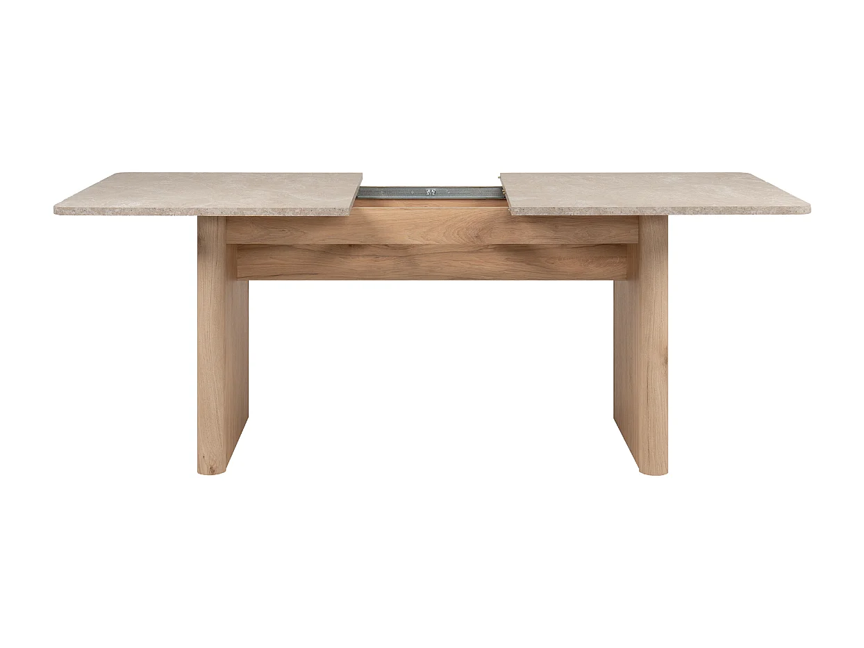 Mesa de jantar extensível de 160 a 200 cm com acabamento em carvalho e travertino.