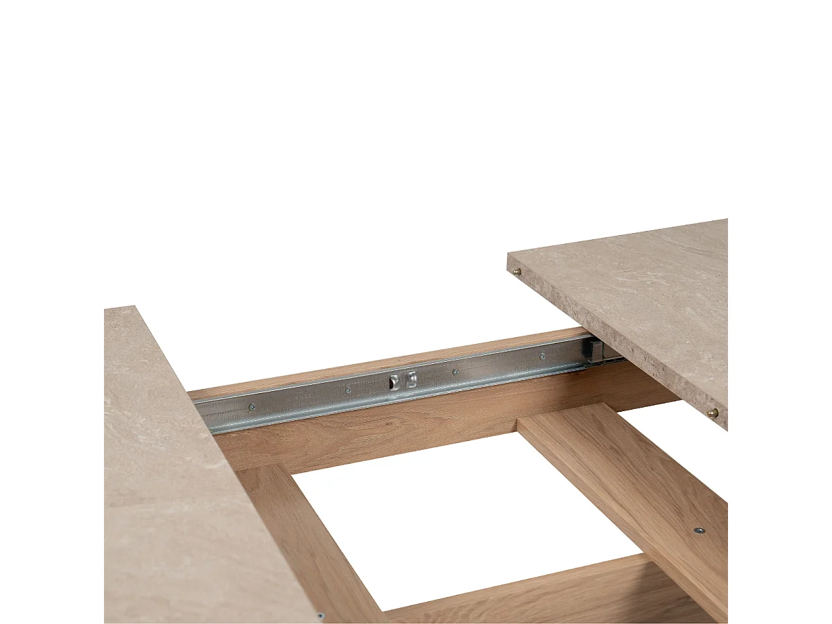 Mesa de jantar extensível de 160 a 200 cm com acabamento em carvalho e travertino.