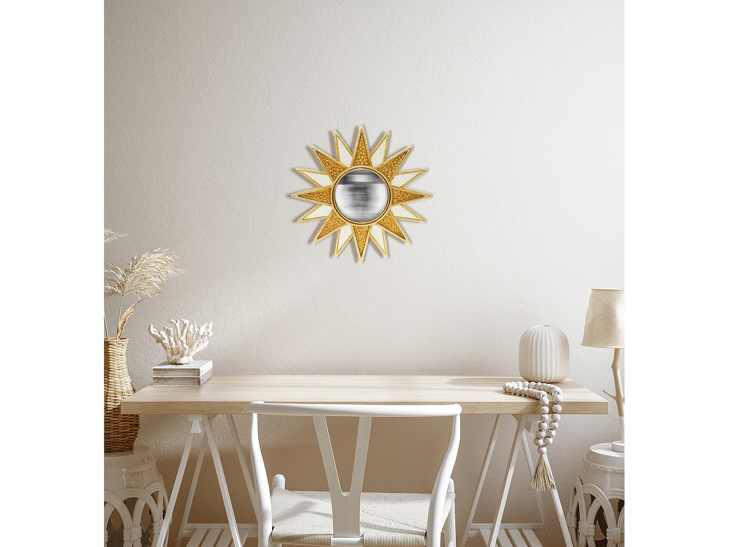 Miroir soleil convexe blanc et doré 28cm