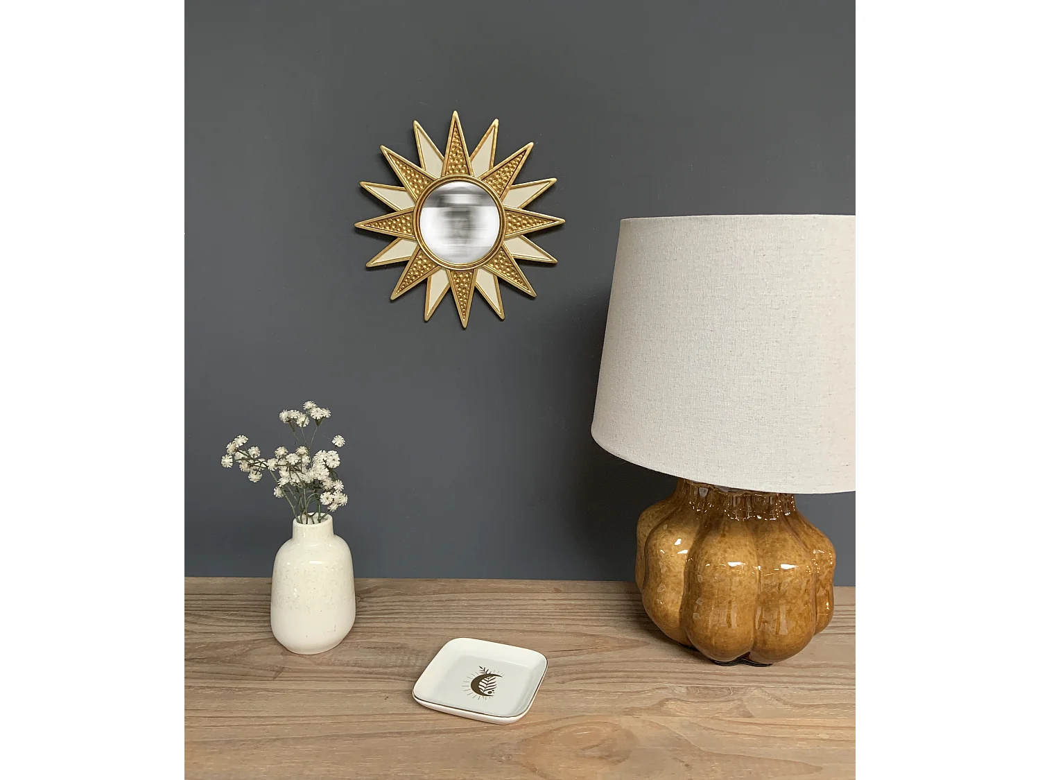 Miroir soleil convexe blanc et doré 28cm