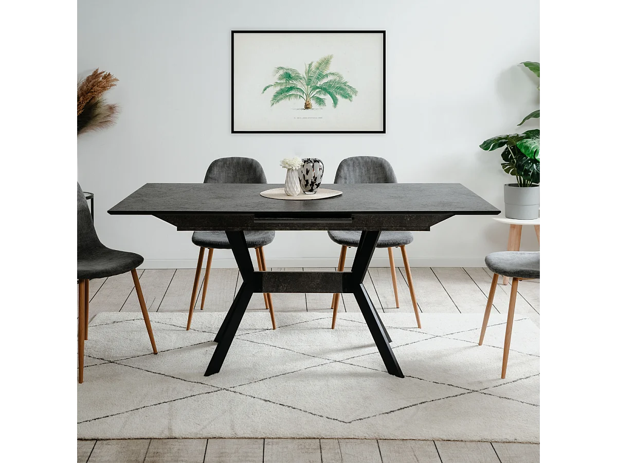 Uitschuifbare eettafel van 160 tot 200 cm, keramisch leisteeneffect en zwart – HARO