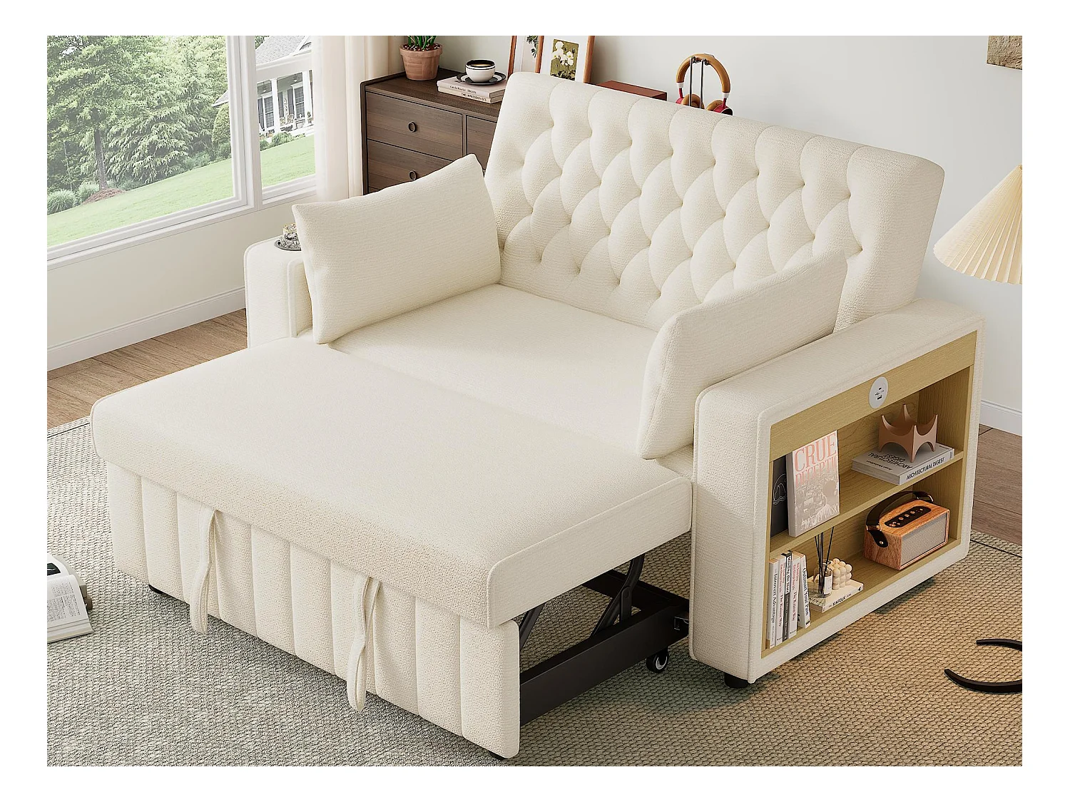 Canapé pliant moderne pour 2 personnes - avec porte-gobelets - avec ports de charge USB - avec coussins - tissu chenille - beige