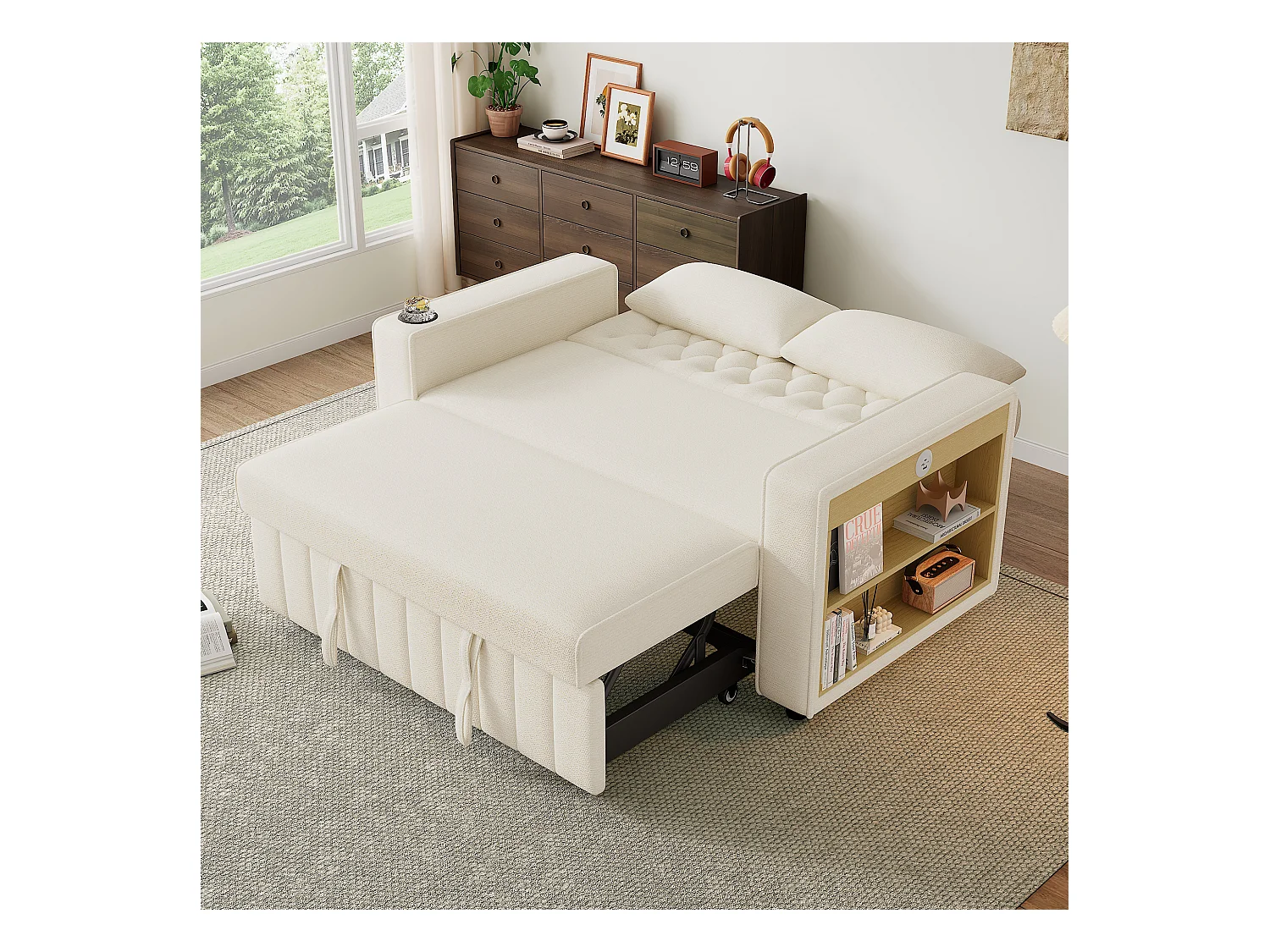 Canapé pliant moderne pour 2 personnes - avec porte-gobelets - avec ports de charge USB - avec coussins - tissu chenille - beige