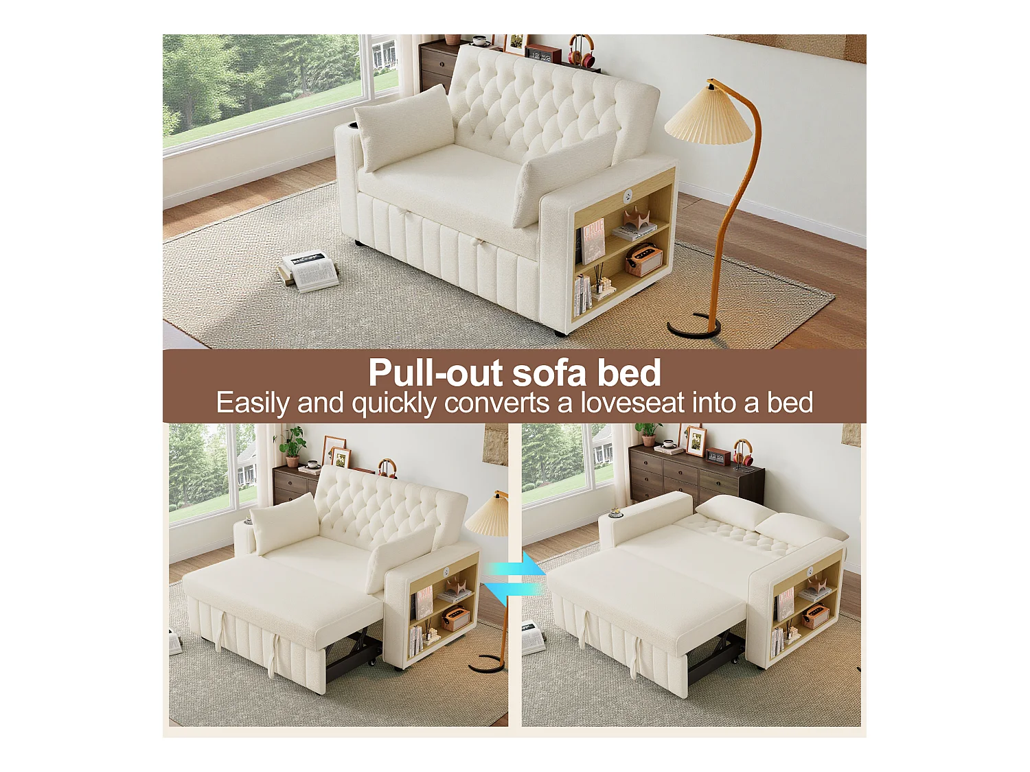 Canapé pliant moderne pour 2 personnes - avec porte-gobelets - avec ports de charge USB - avec coussins - tissu chenille - beige