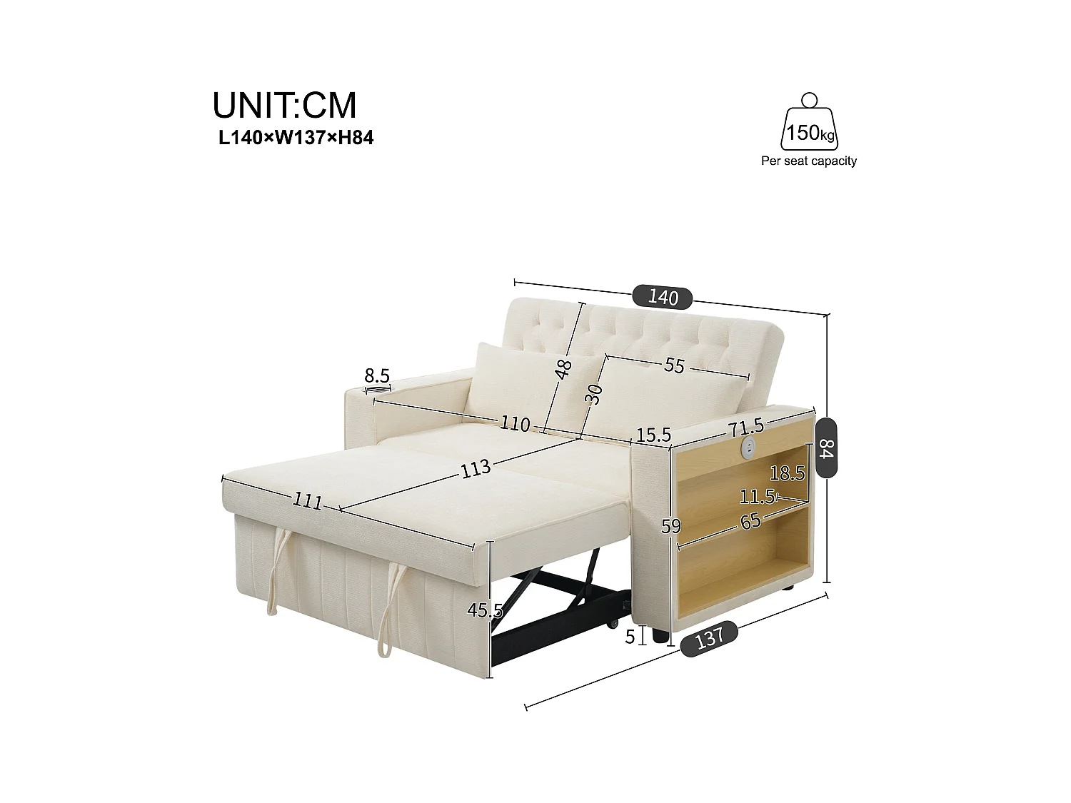 Canapé pliant moderne pour 2 personnes - avec porte-gobelets - avec ports de charge USB - avec coussins - tissu chenille - beige