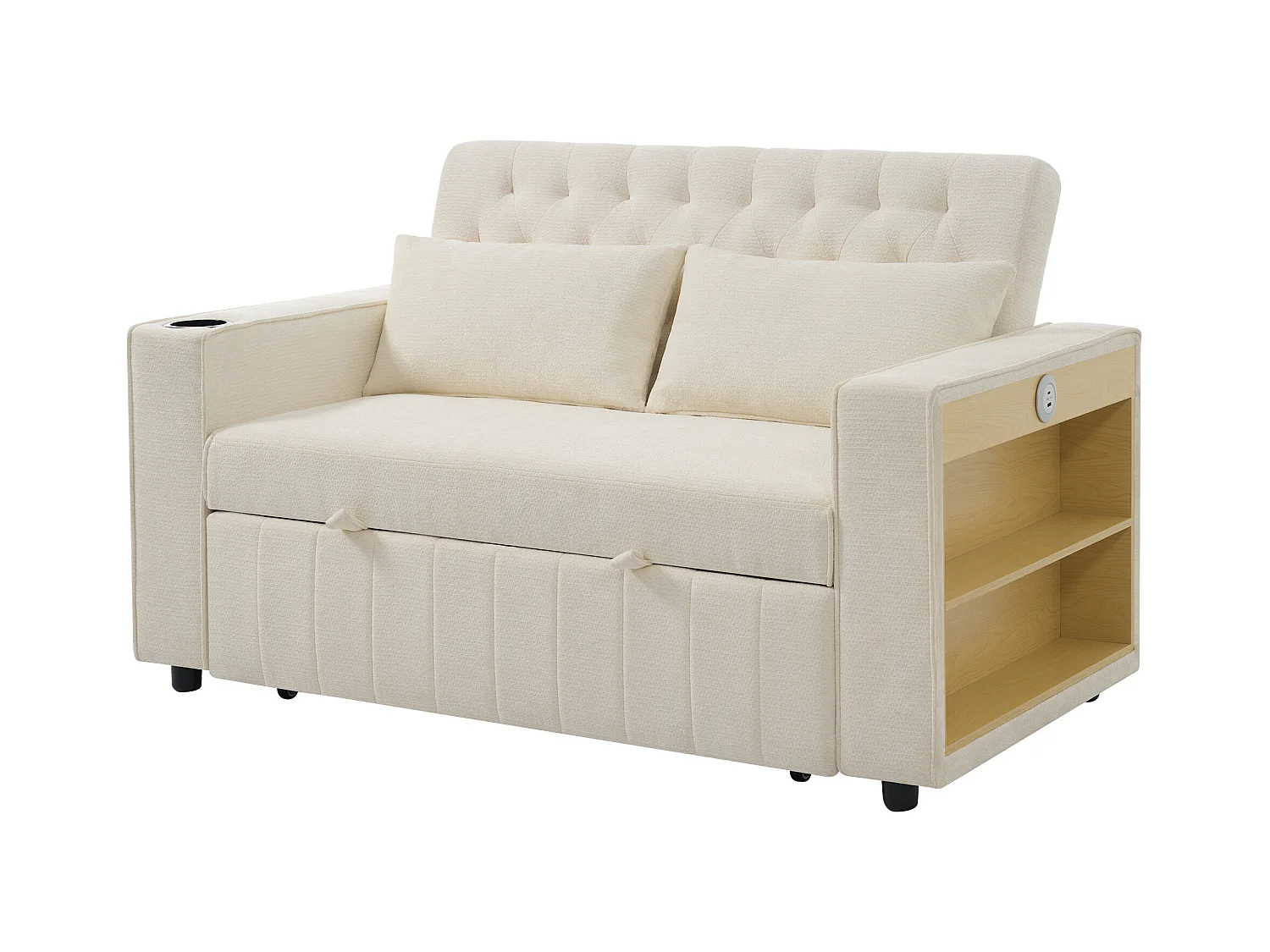 Canapé pliant moderne pour 2 personnes - avec porte-gobelets - avec ports de charge USB - avec coussins - tissu chenille - beige