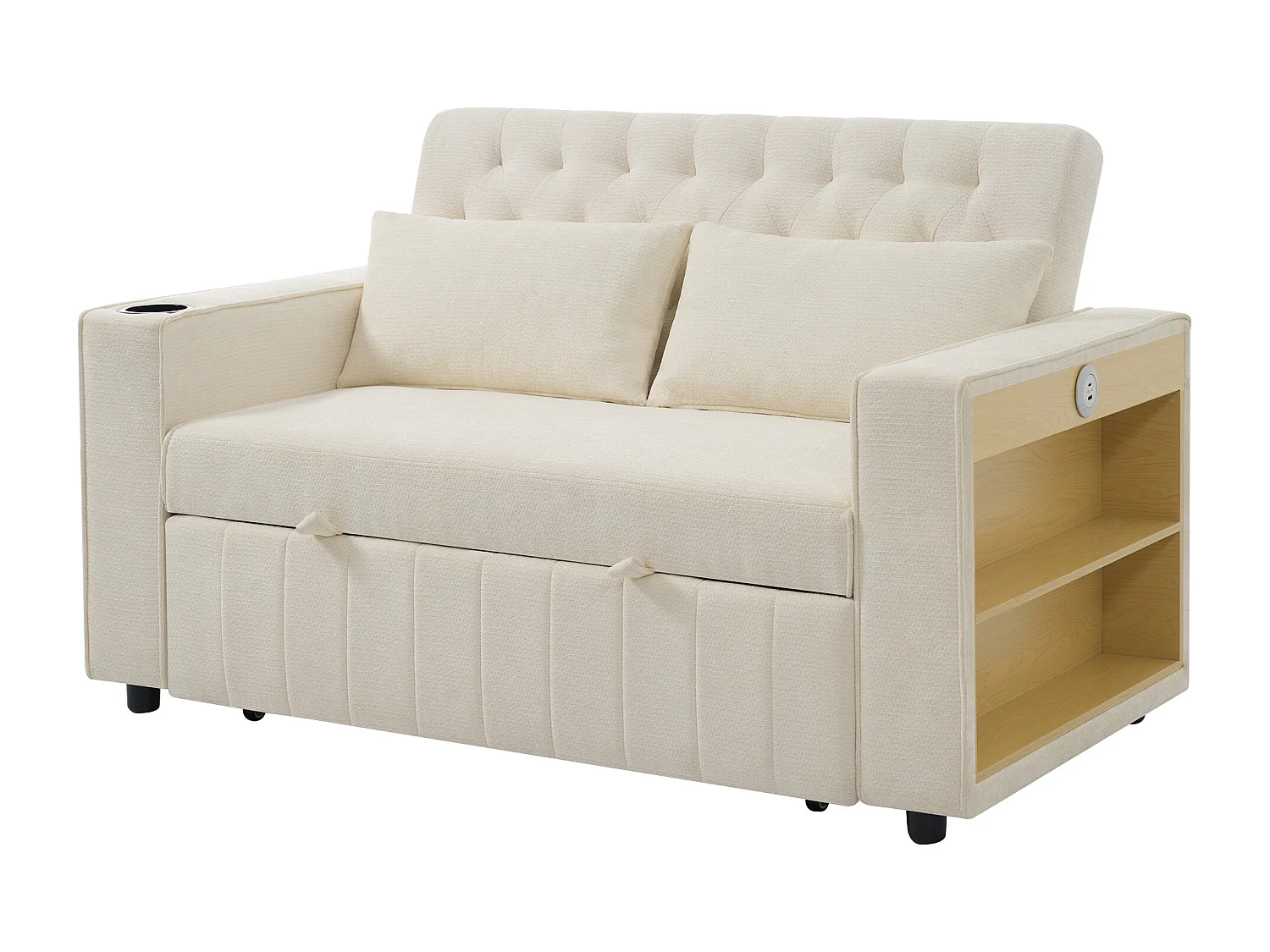 Canapé pliant moderne pour 2 personnes - avec porte-gobelets - avec ports de charge USB - avec coussins - tissu chenille - beige