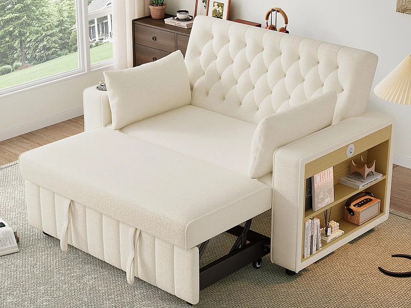 Moderne opklapbare bank voor 2 personen - met drinkhouders - met USB-oplaadpoorten - met kussens - chenille stof - beige