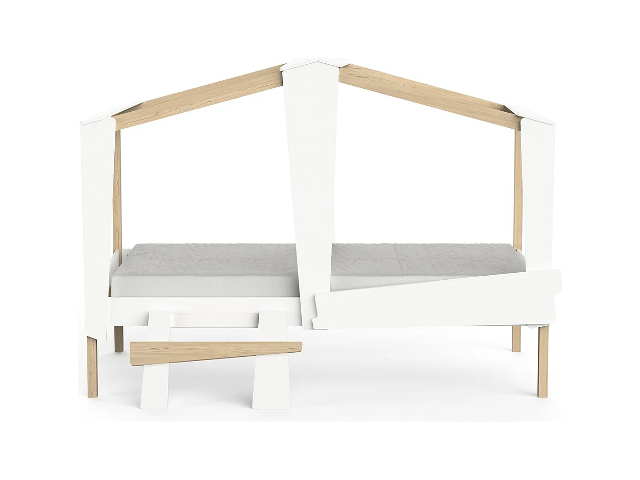 Lit cabane 90x200 avec tiroir blanc et décor chêne - CABANE