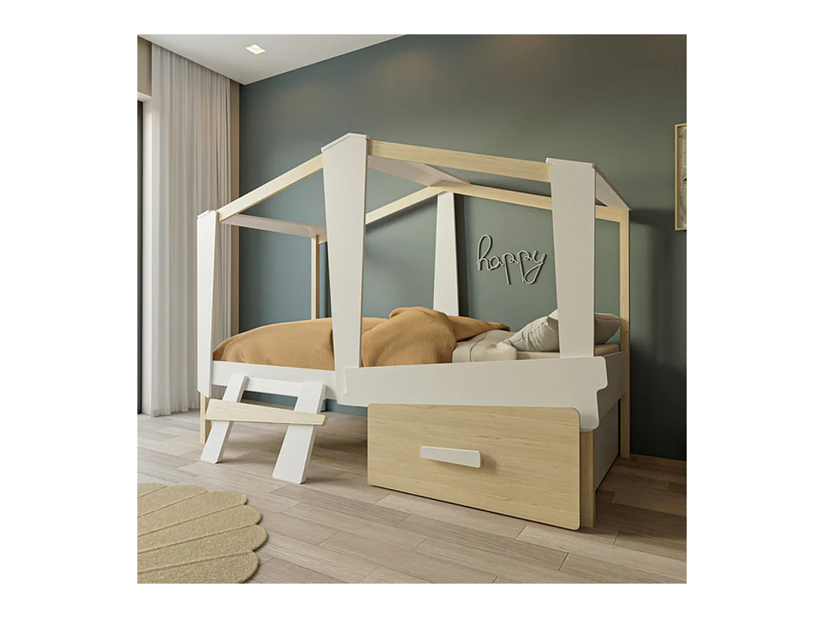 Lit cabane 90x200 avec tiroir blanc et décor chêne - CABANE