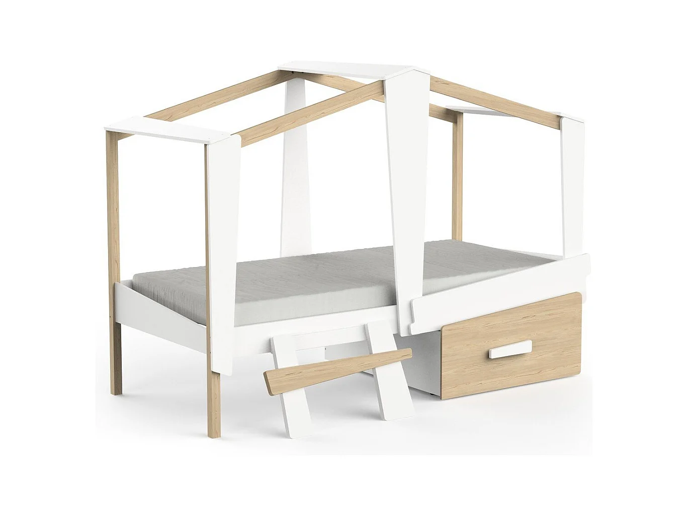 Lit cabane 90x200 avec tiroir blanc et décor chêne - CABANE