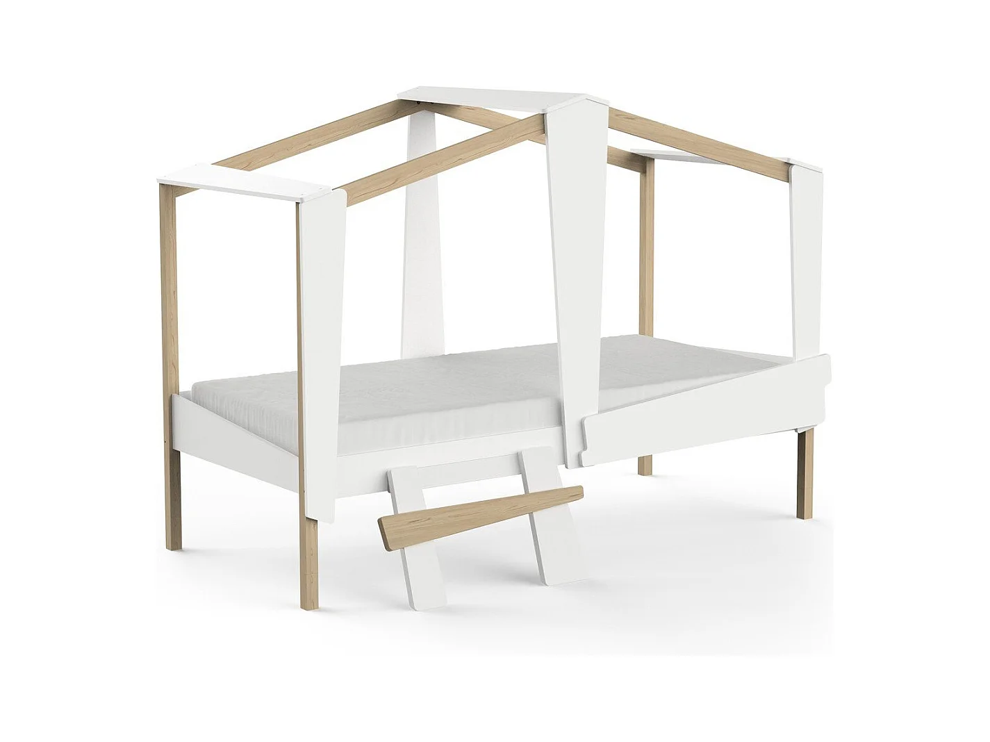 Lit cabane 90x200 avec tiroir blanc et décor chêne - CABANE