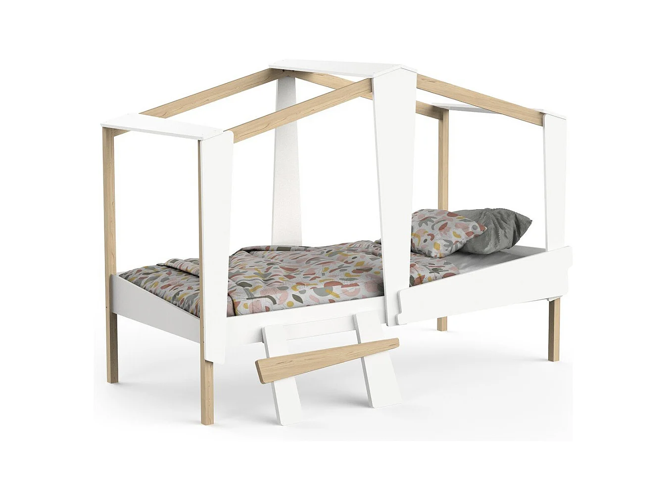 Lit cabane 90x200 avec tiroir blanc et décor chêne - CABANE