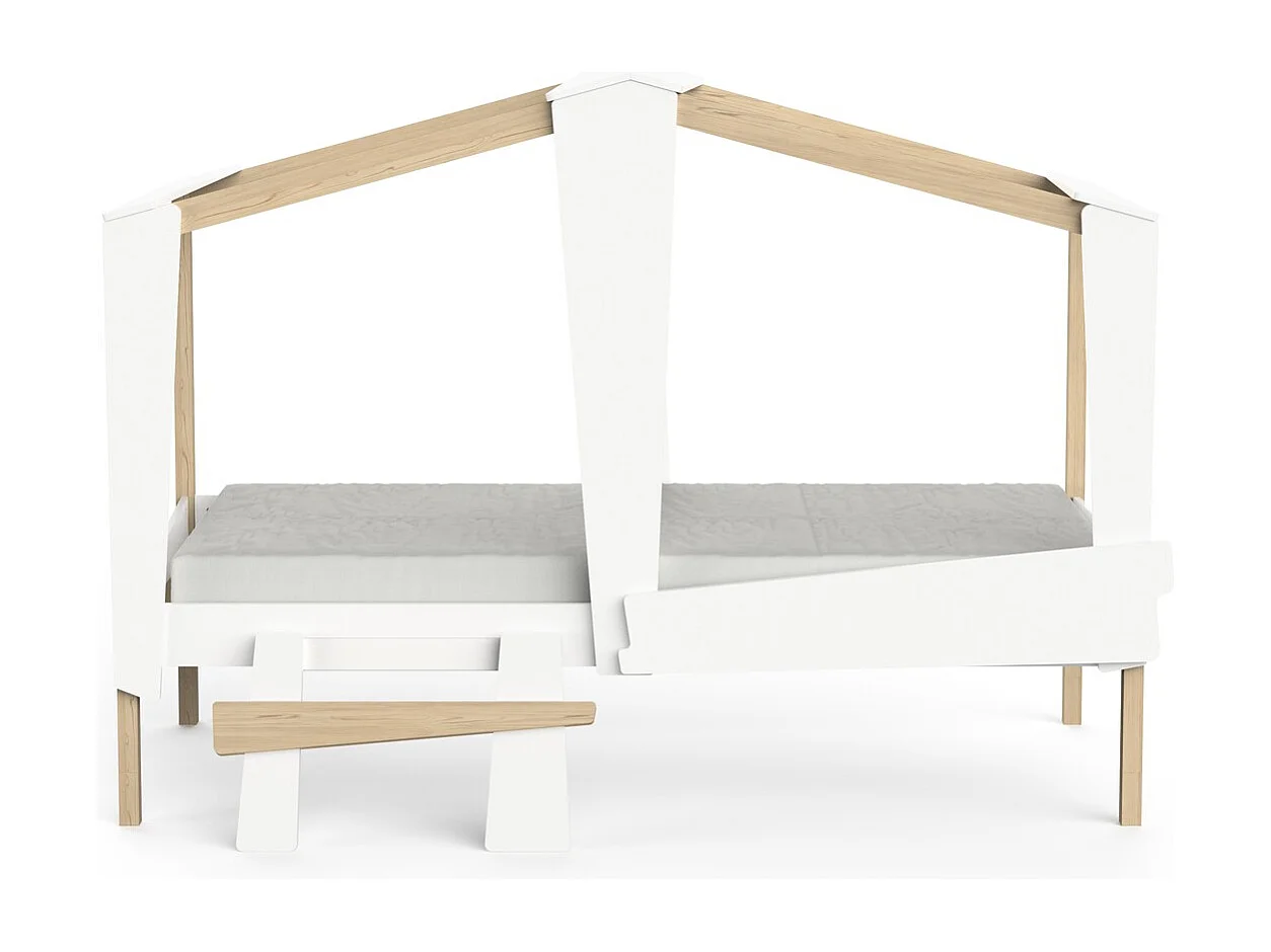 Lit cabane 90x200 avec tiroir blanc et décor chêne - CABANE