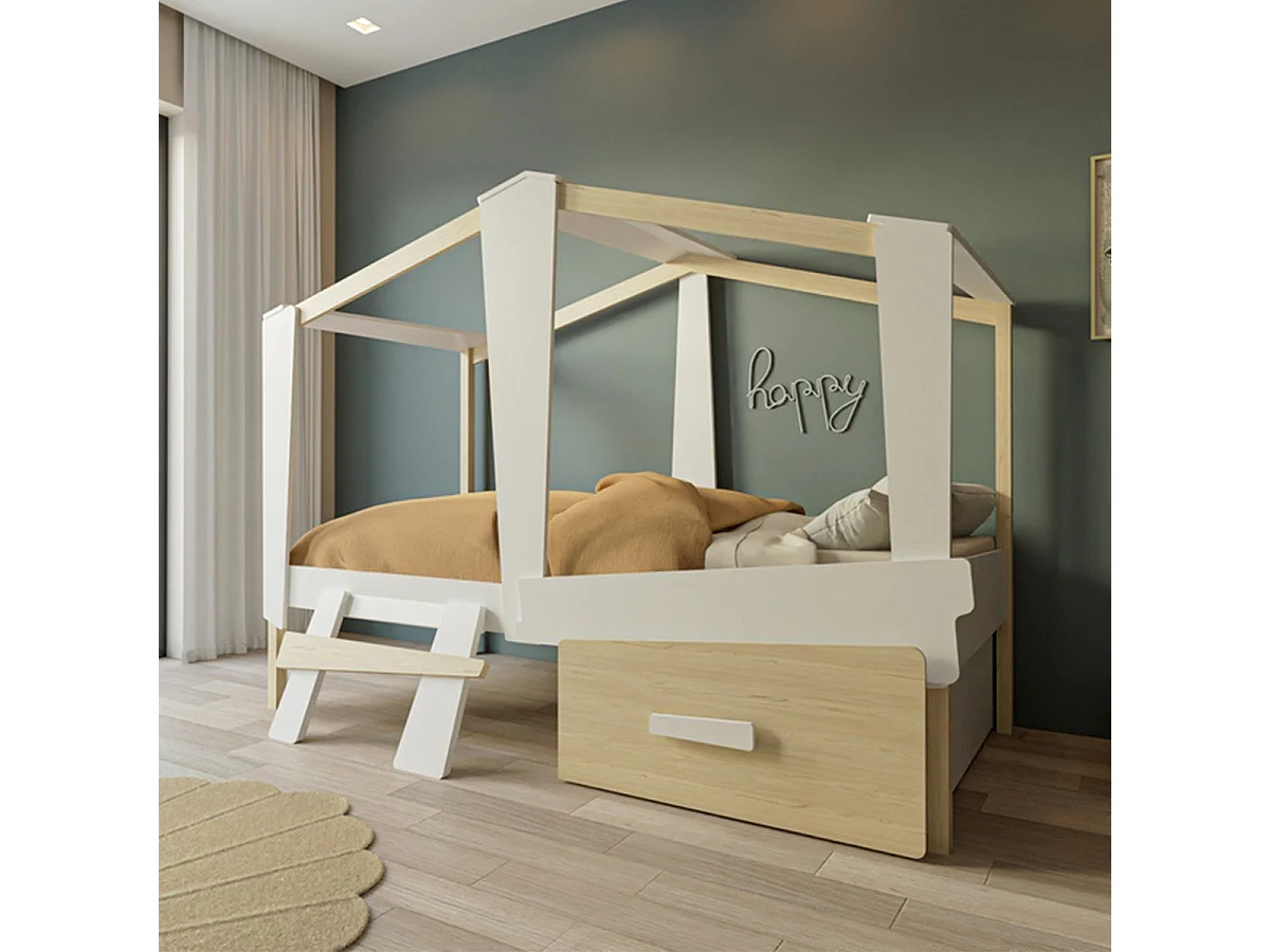 Lit cabane 90x200 avec tiroir blanc et décor chêne - CABANE