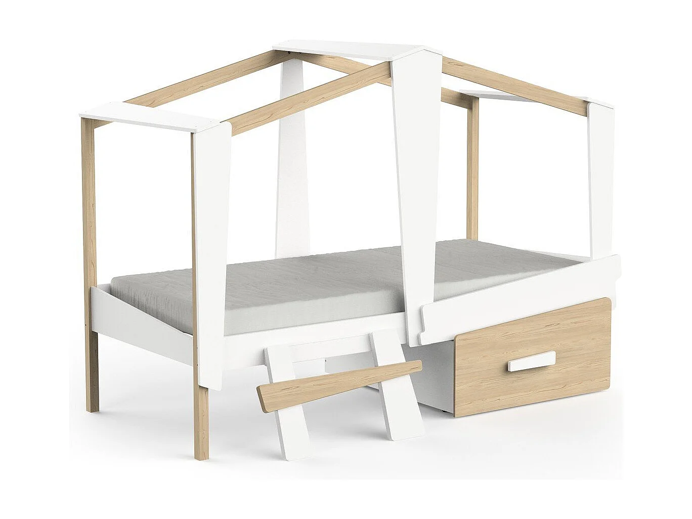 Lit cabane 90x200 avec tiroir blanc et décor chêne - CABANE