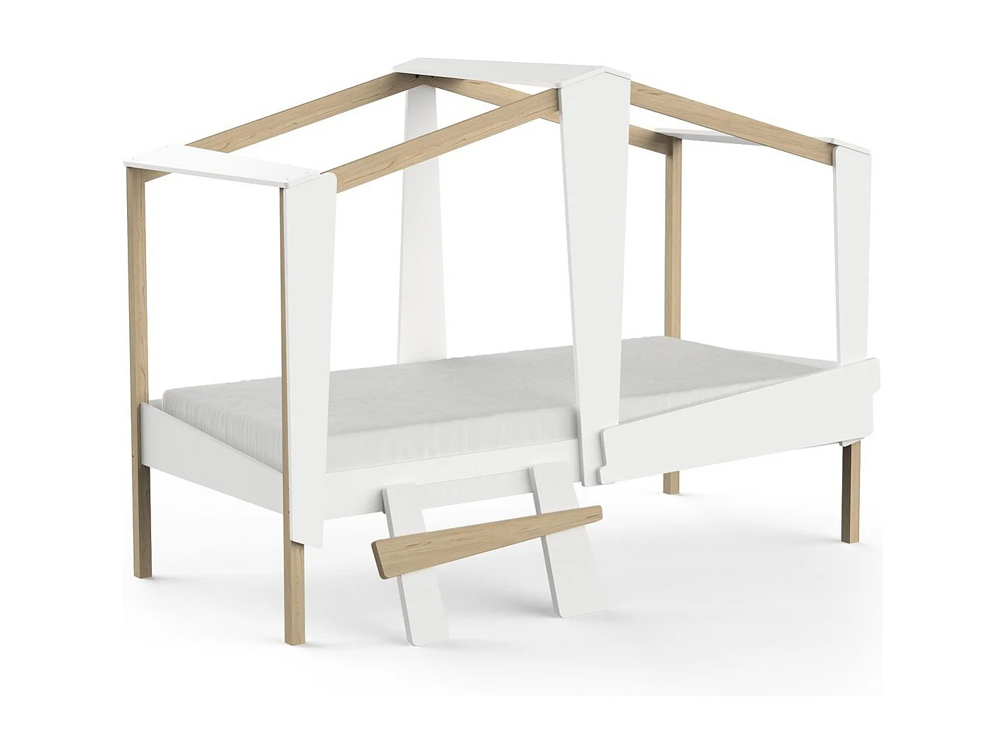 Lit cabane 90x200 avec tiroir blanc et décor chêne - CABANE