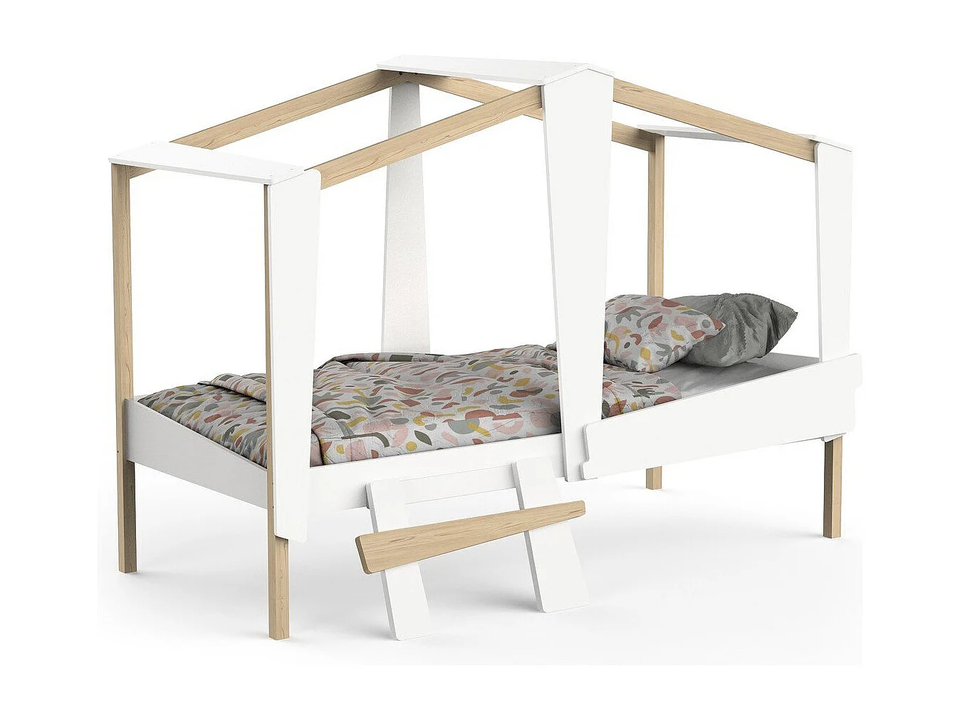 Lit cabane 90x200 avec tiroir blanc et décor chêne - CABANE