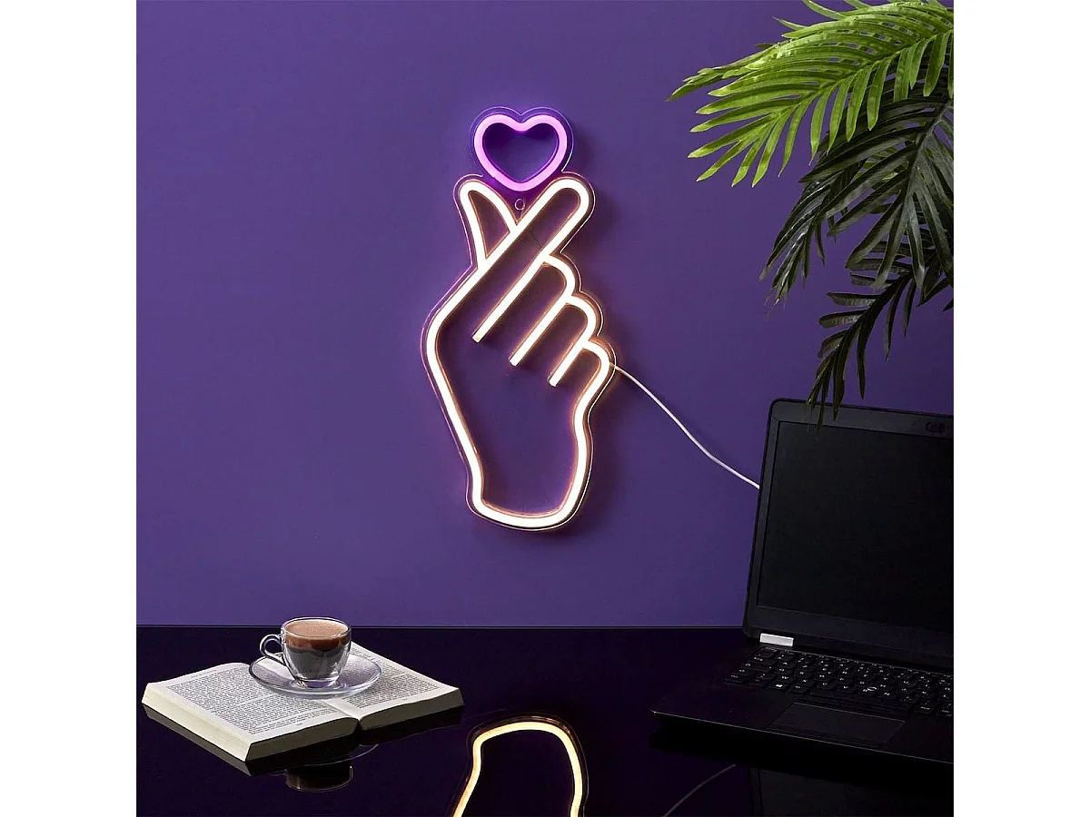 Lampe led effet néon mural coeur sur la main avec port USB