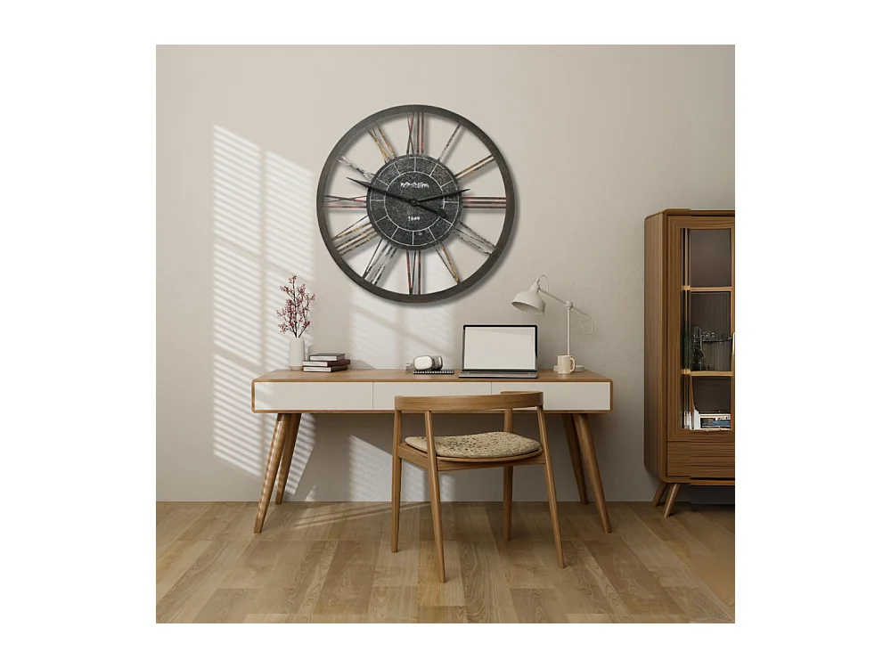 Grande horloge murale décorative vintage salon métal marron 90cm