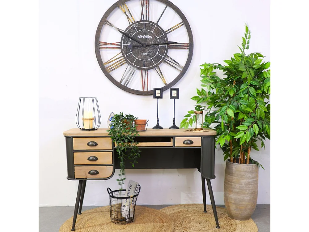 Grande horloge murale décorative vintage salon métal marron 90cm