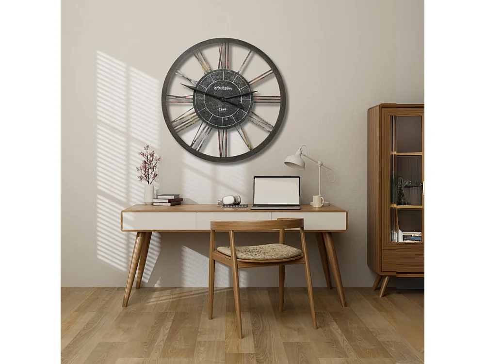 Grande horloge murale décorative vintage salon métal marron 90cm