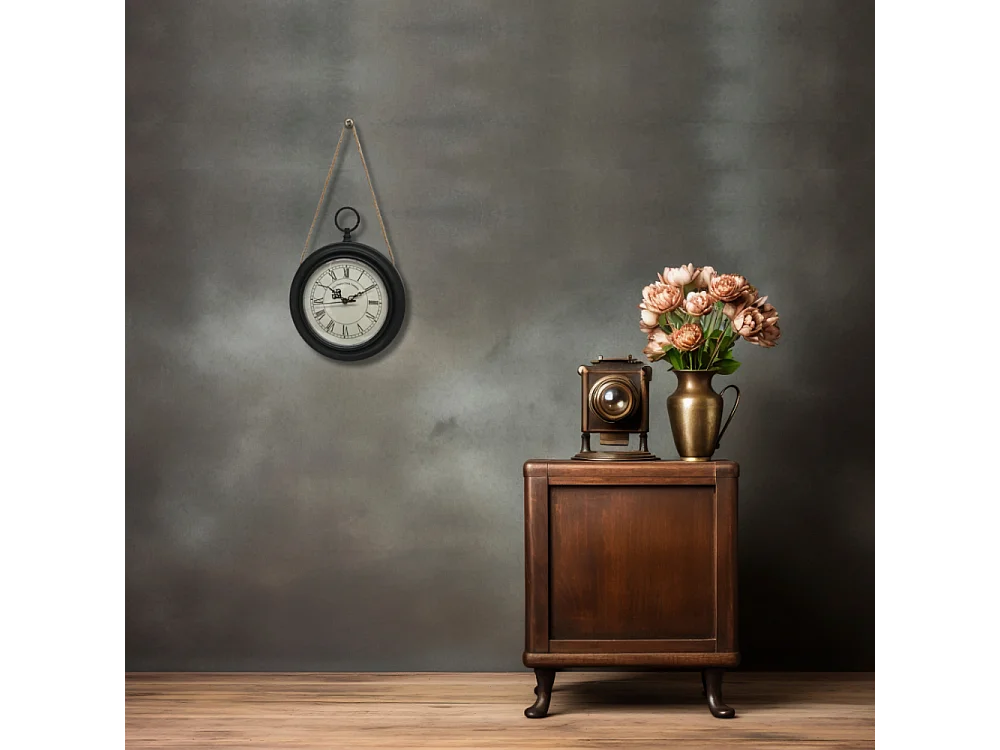 Horloge murale décorative vintage à gousset métal noir blanc Ø20.5cm