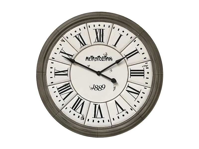 Grande horloge murale décorative vintage salon métal gris blanc 100cm