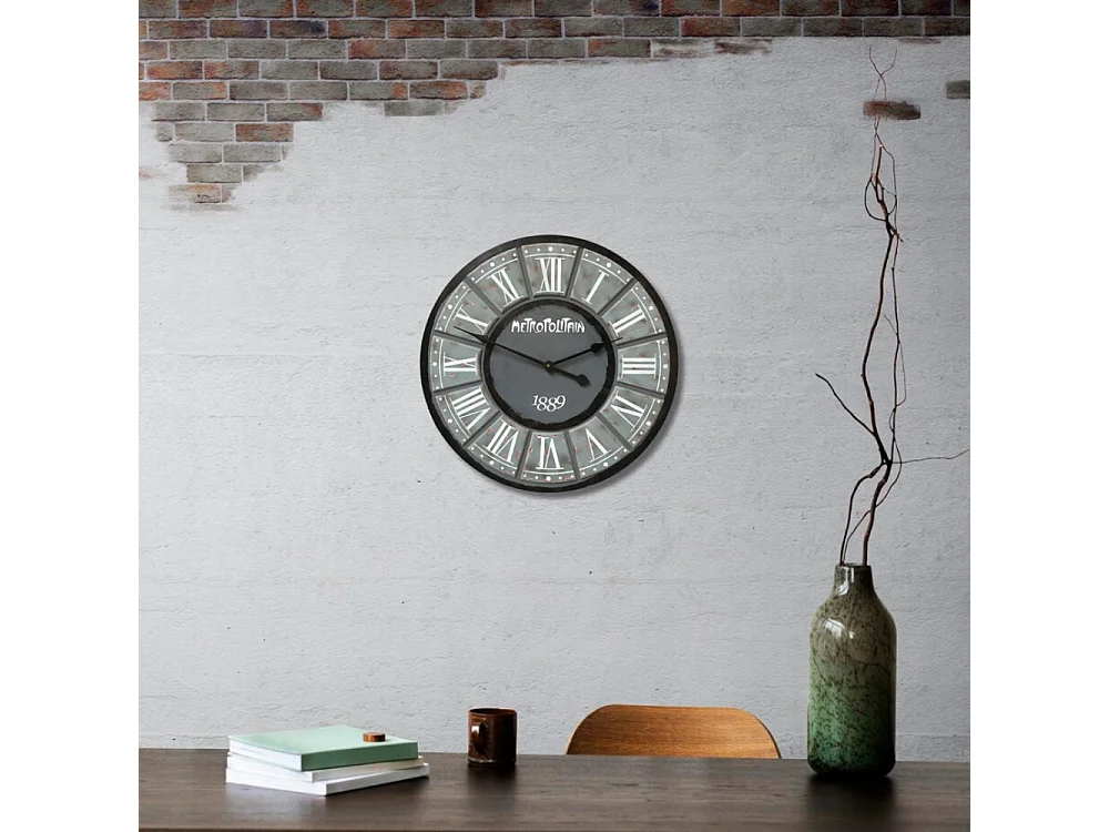 Grande horloge murale décorative vintage salon bois gris noir 60cm
