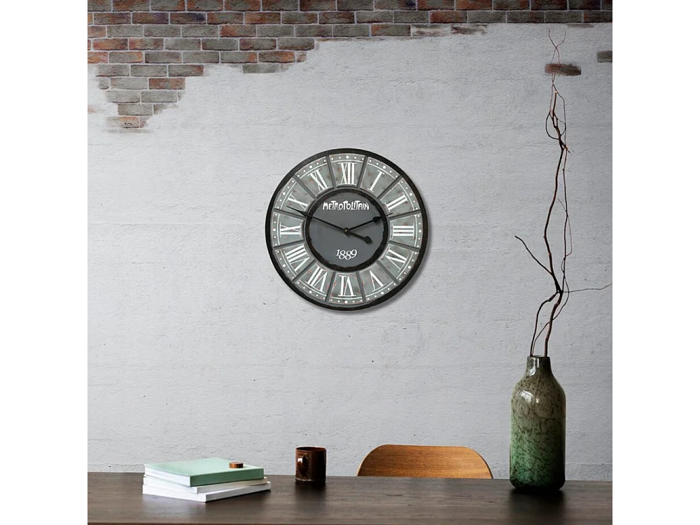 Grande horloge murale décorative vintage salon bois gris noir 60cm