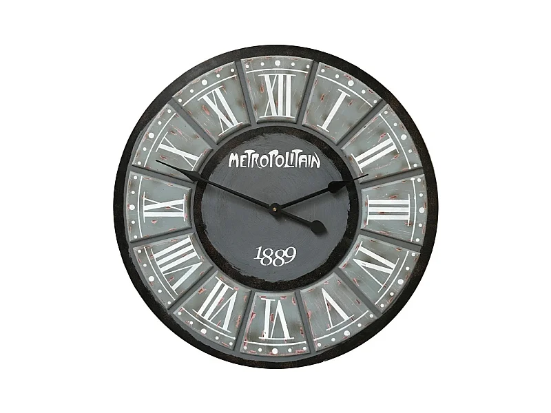 Grande horloge murale décorative vintage salon bois gris noir 60cm