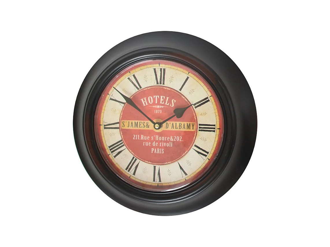 Horloge murale décorative vintage ancien salon métal noir rouge 33 cm