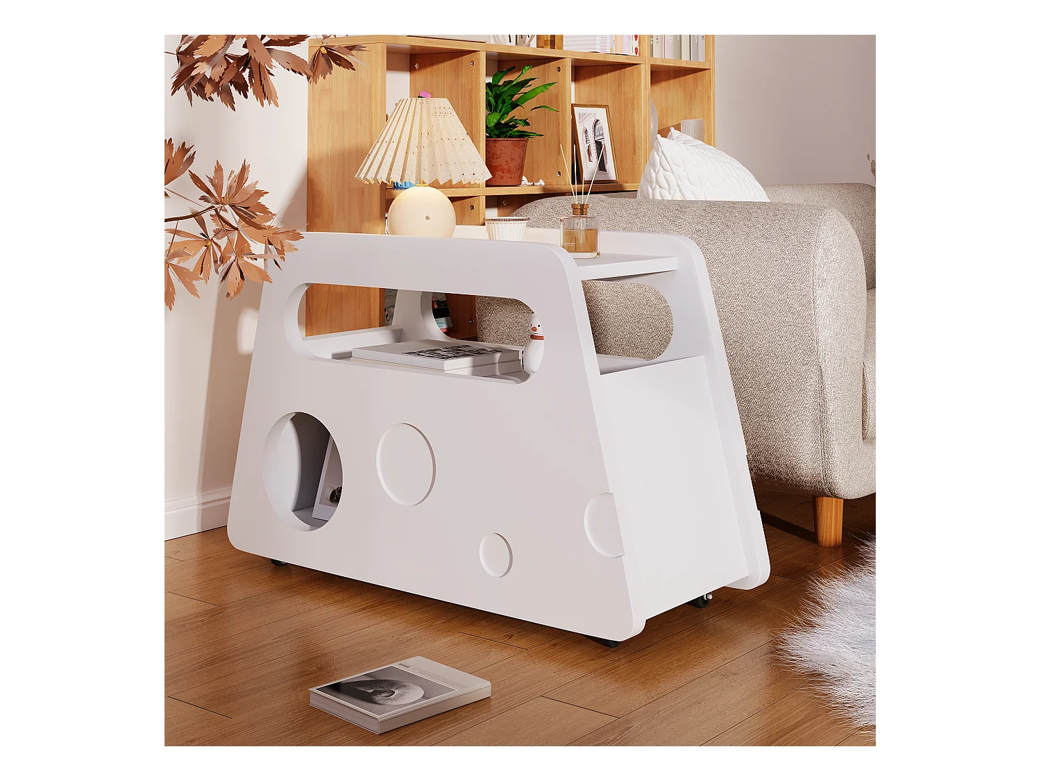 Witte salontafel met wielen en opbergruimte, rond model 81x33x51,5cm