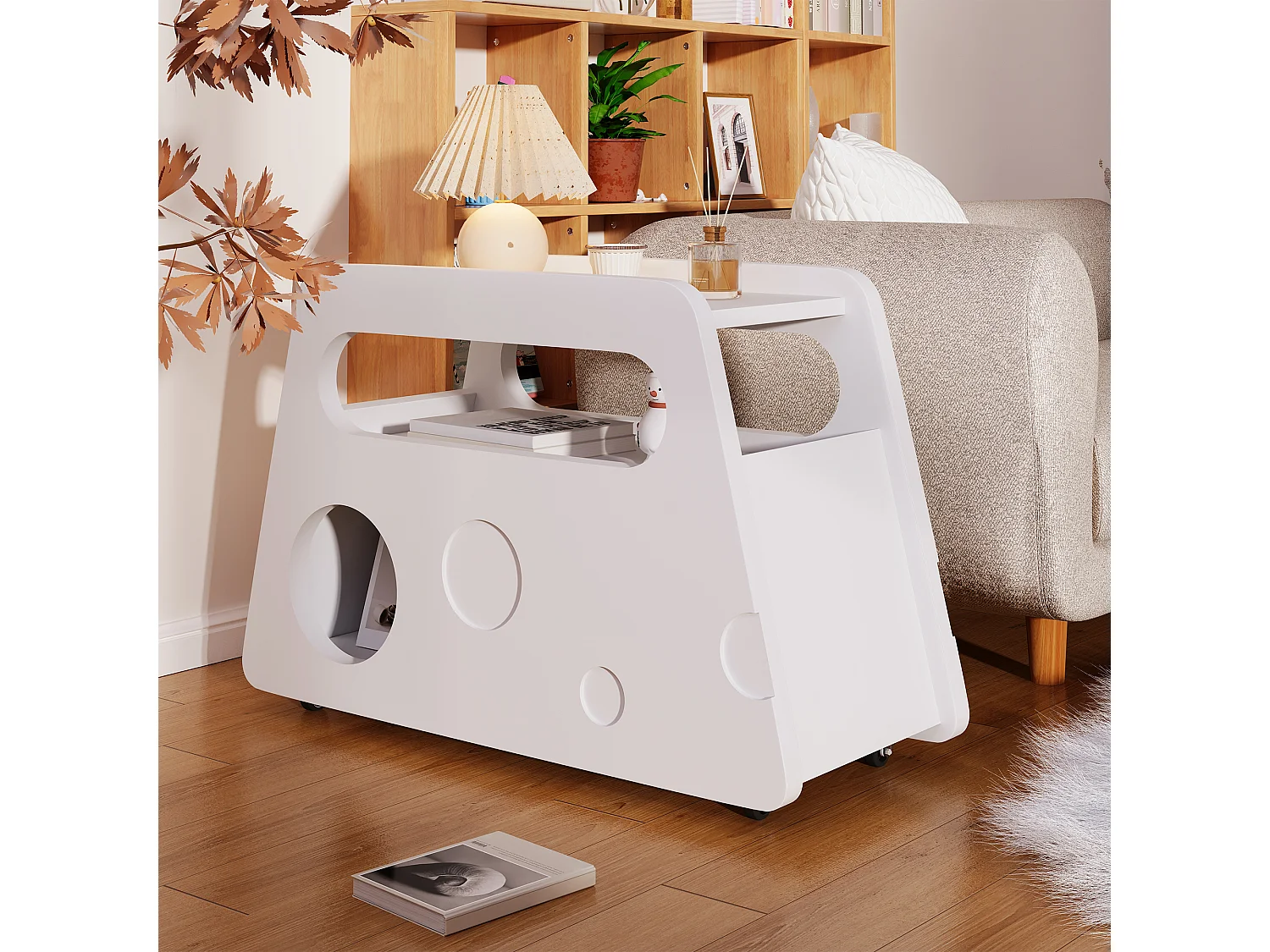 Table basse blanc avec roulettes et rangement, design rond 81x33x51,5cm