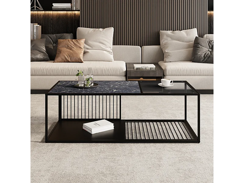 Table basse noire avec  marbre texture et verre, structure en métal noir 110x48x35cm