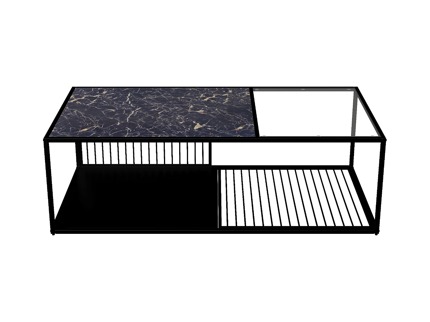 Table basse noire avec  marbre texture et verre, structure en métal noir 110x48x35cm