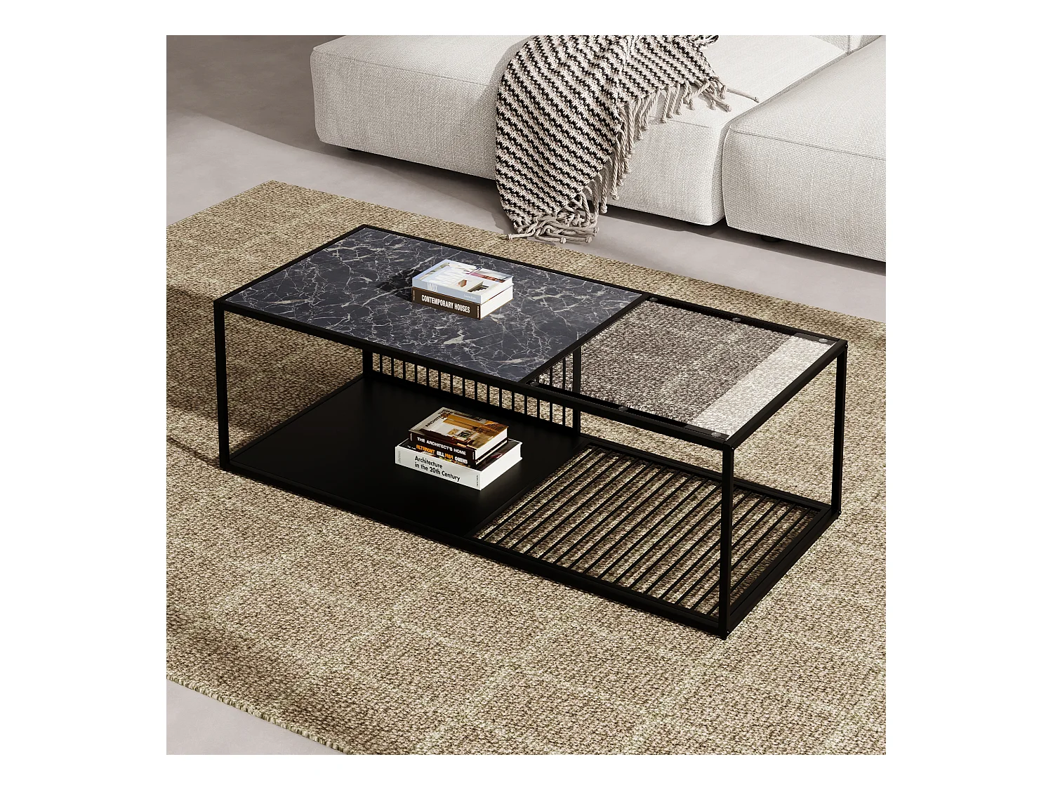 Table basse noire avec  marbre texture et verre, structure en métal noir 110x48x35cm