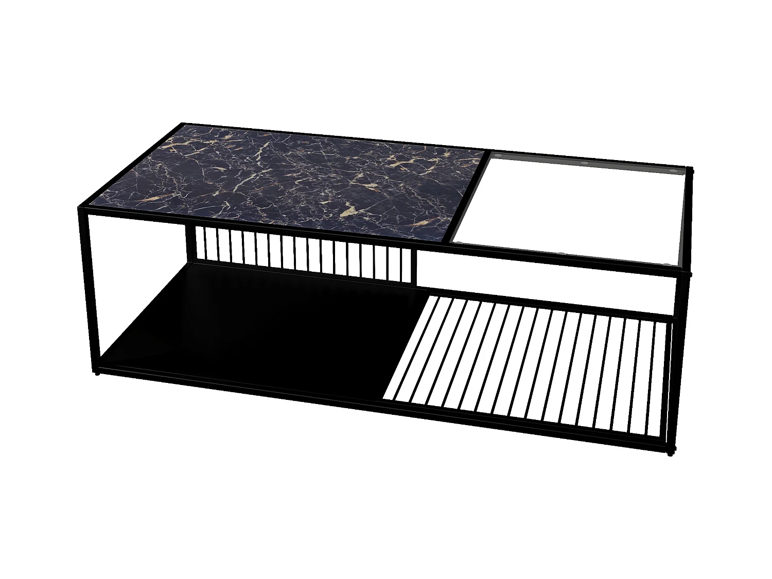 Table basse noire avec  marbre texture et verre, structure en métal noir 110x48x35cm