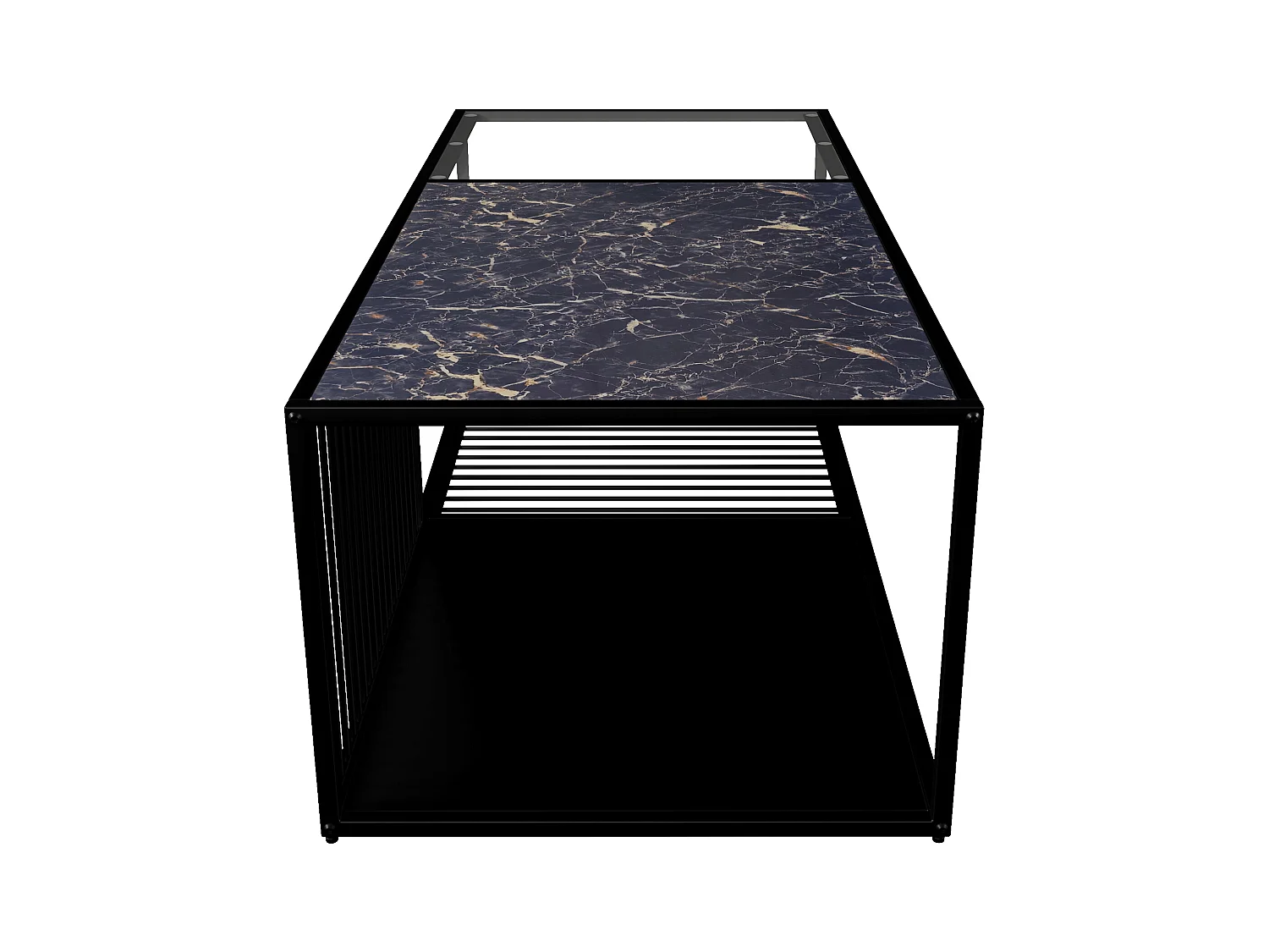 Table basse noire avec  marbre texture et verre, structure en métal noir 110x48x35cm